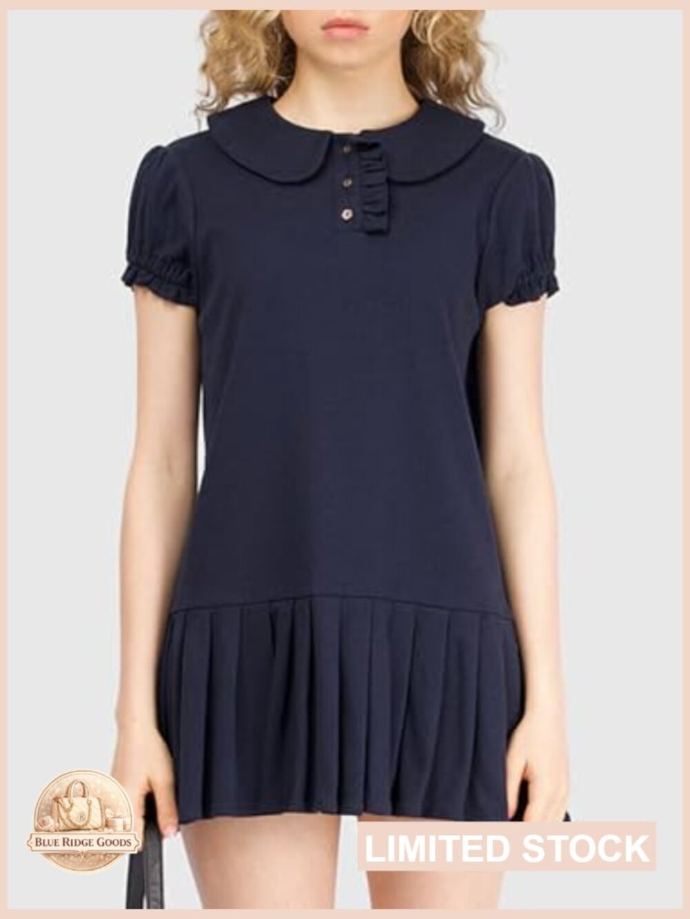 Puff Sleeve Pleated Mini Dress Peter Pan Collar Button Down A-Line Casual Summer - Picture 4 of 7